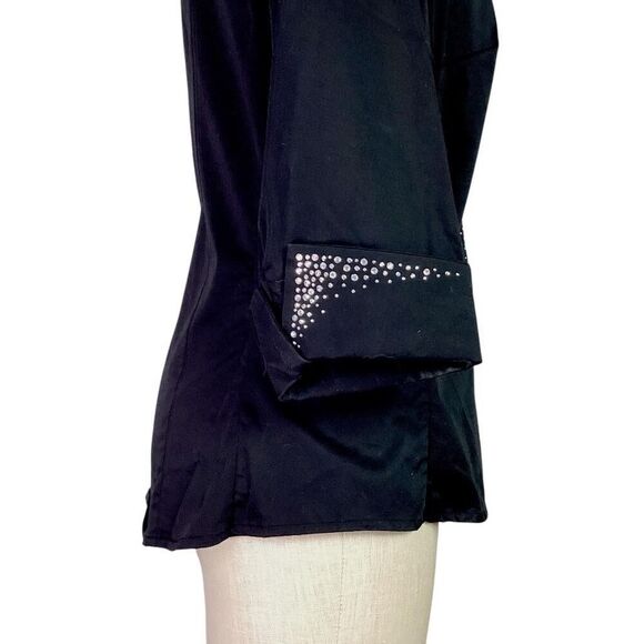 Christine Alexander Top Women M Black Stretch Rhinestone 3/4 Sleeve Button Shirt - Picture 4 of 7